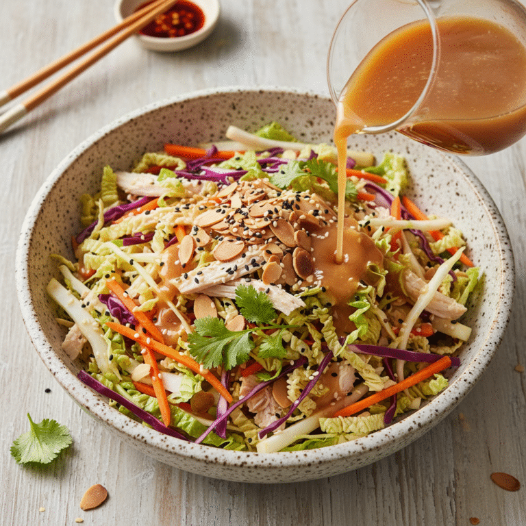 Crunchy Asian Sesame Chicken Salad With Cabbage & Ginger Dressing