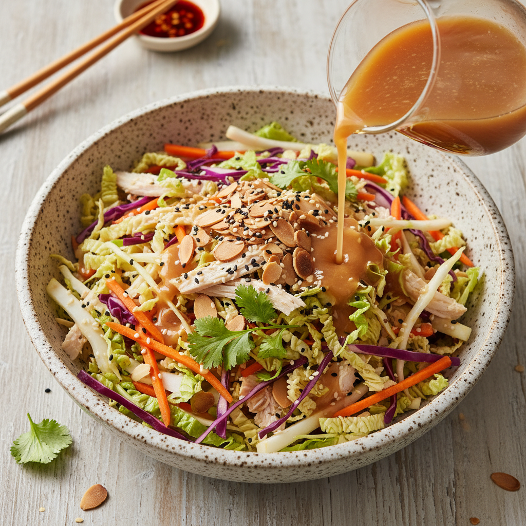 Crunchy Asian Sesame Chicken Salad With Cabbage & Ginger Dressing