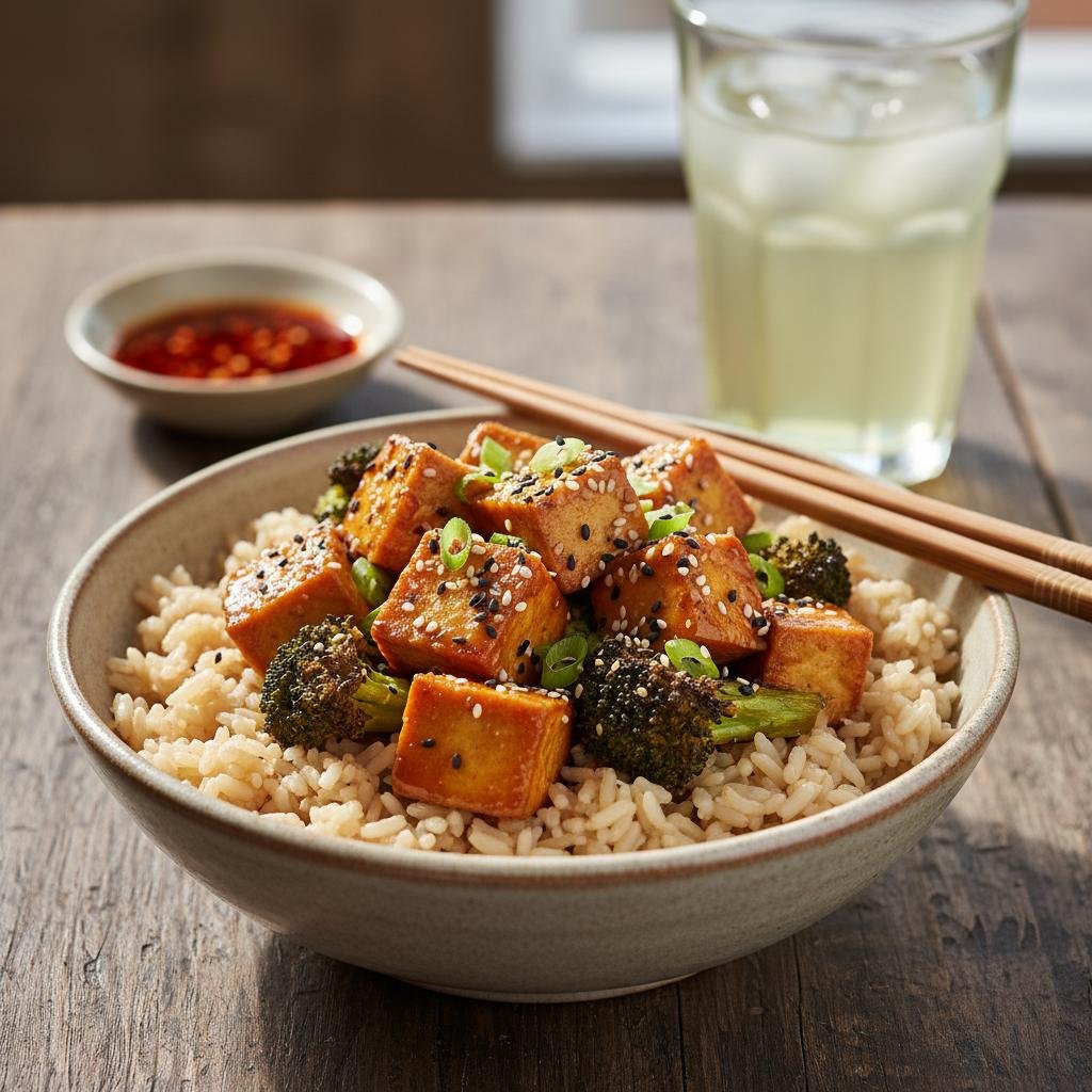 Crispy Baked Tofu and Broccoli Brown Rice Bowl with Savory Ginger-Sesame Glaze