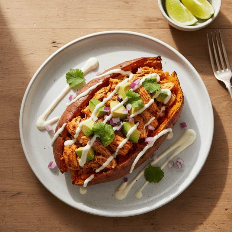 Loaded Chicken and Avocado Stuffed Sweet Potato Boats with Cilantro-Lime Crema