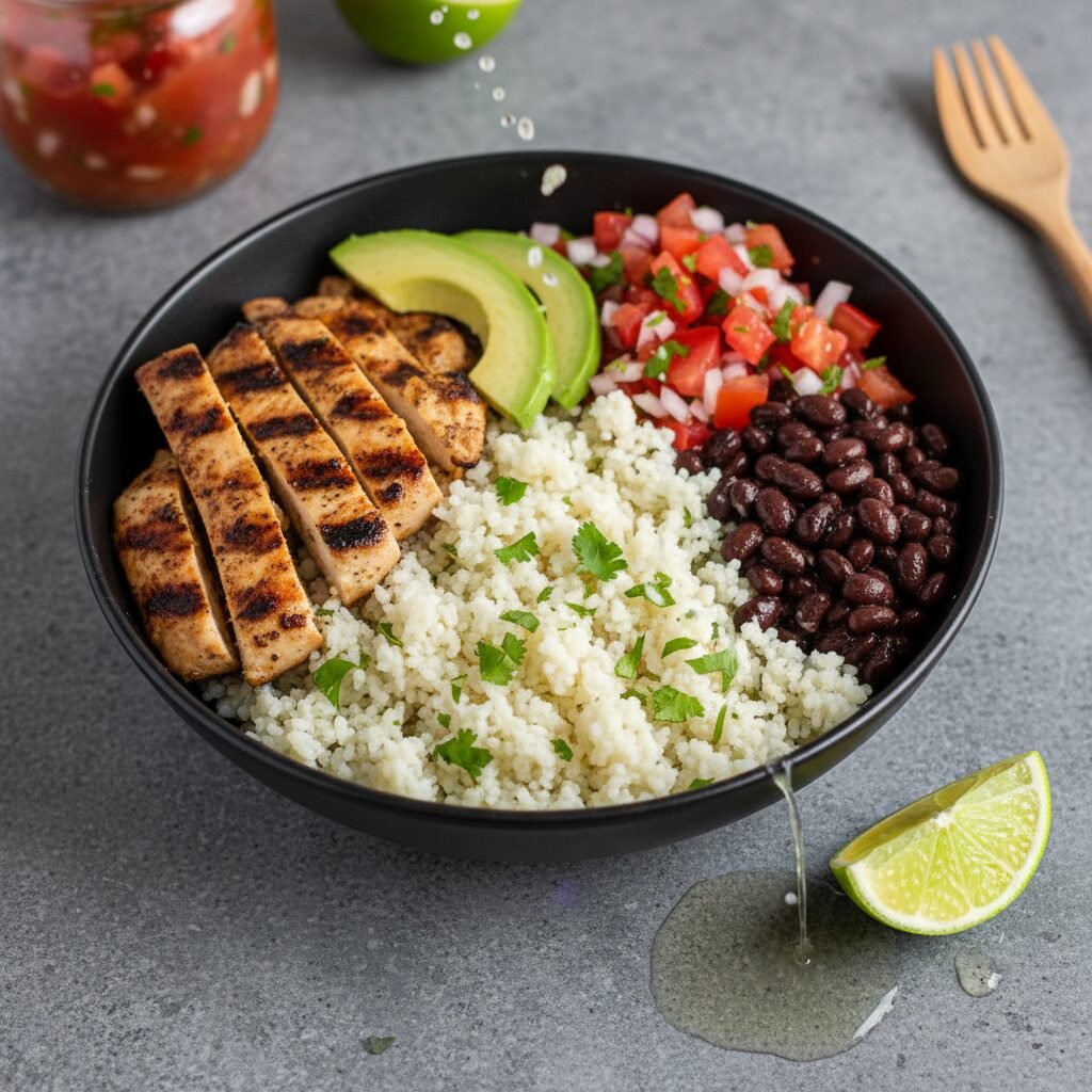 Healthy Chicken Burrito Bowl with Cilantro Lime Cauliflower Rice