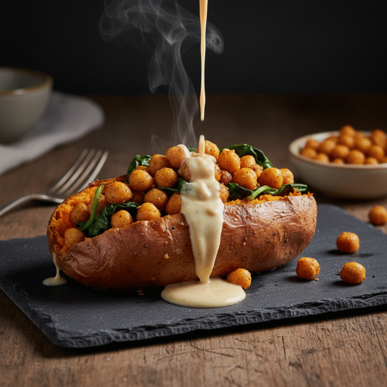 Loaded Vegan Chickpea and Spinach Stuffed Sweet Potatoes with Lemon-Tahini Drizzle