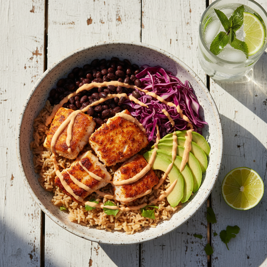 Zesty Baja-Style Fish Taco Bowls with Cilantro-Lime Brown Rice and Black Beans