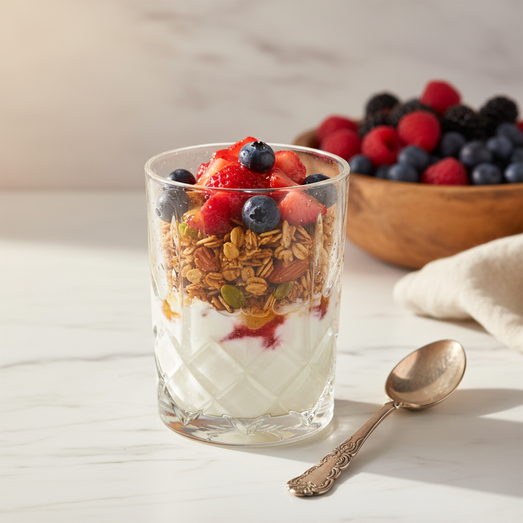 The Ultimate Greek Yogurt Parfait with Homemade Honey-Almond Granola & Fresh Berries