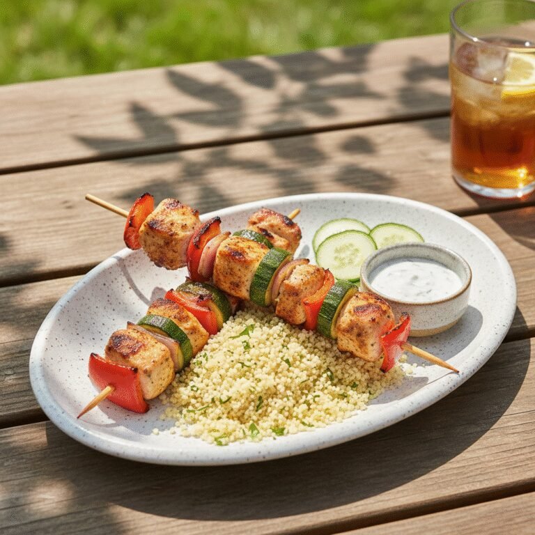 Healthy Grilled Turkey and Veggie Kabob Lunch Plate with Lemon-Herb Marinade