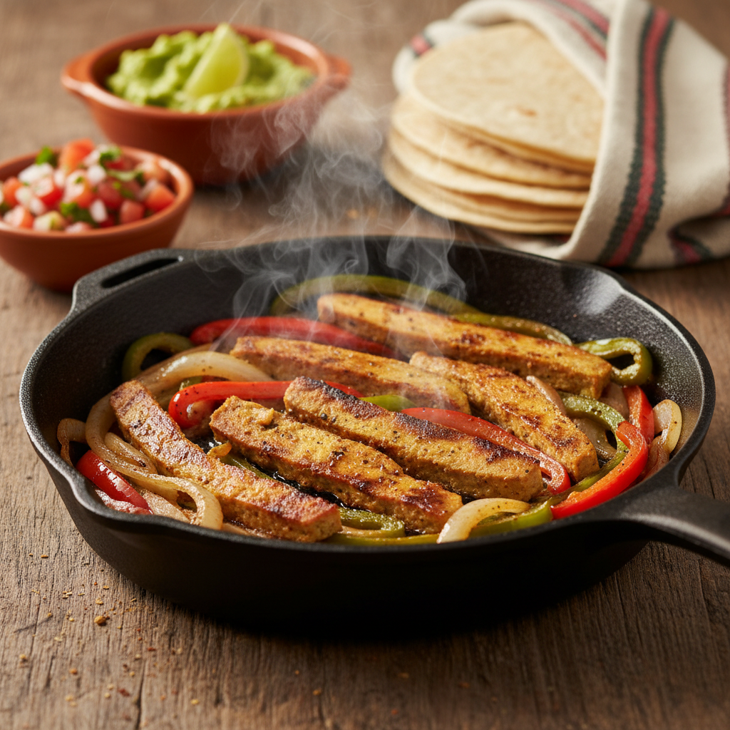 Sizzling High Protein Seitan Fajita Skillet Vegan Recipe