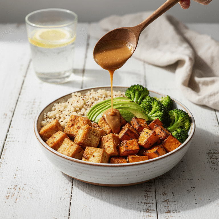 Ultimate High Protein Tofu Buddha Bowl With Quinoa & Spicy Peanut Dressing