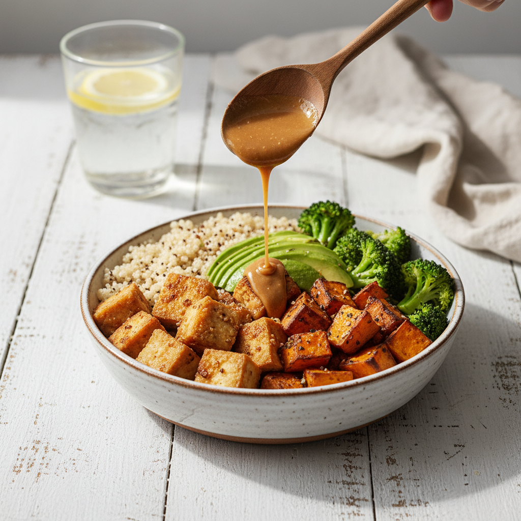 Ultimate High Protein Tofu Buddha Bowl With Quinoa & Spicy Peanut Dressing