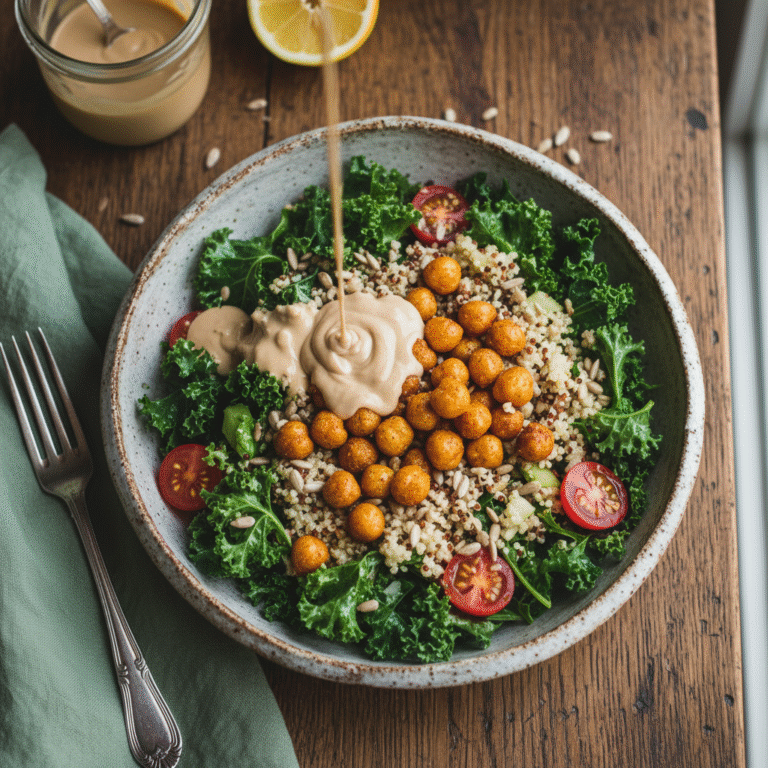 The Ultimate Kale and Quinoa Power Salad with Crispy Chickpeas