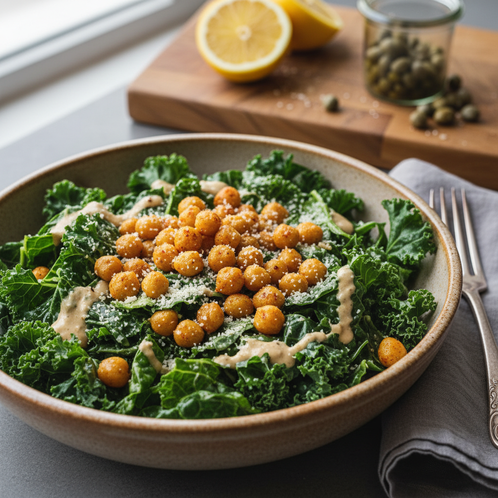 The Ultimate Vegan Kale Caesar Salad with Crispy Roasted Chickpeas