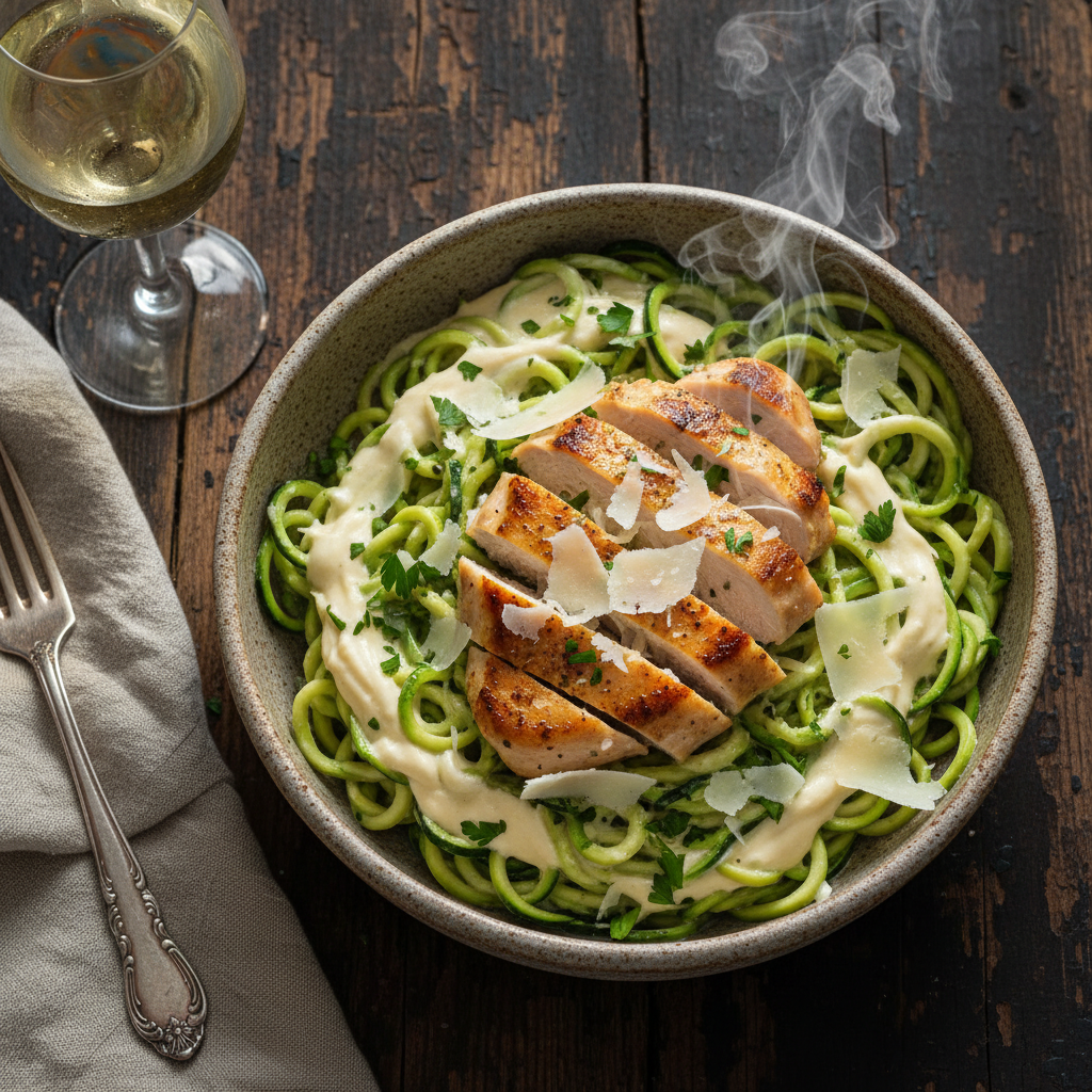 Creamy Low Carb Zucchini Noodle Alfredo with Pan-Seared Chicken