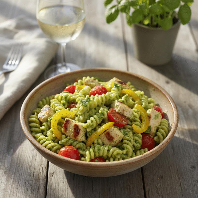 Light & Zesty Pesto Chicken Pasta Salad with Fresh Summer Veggies