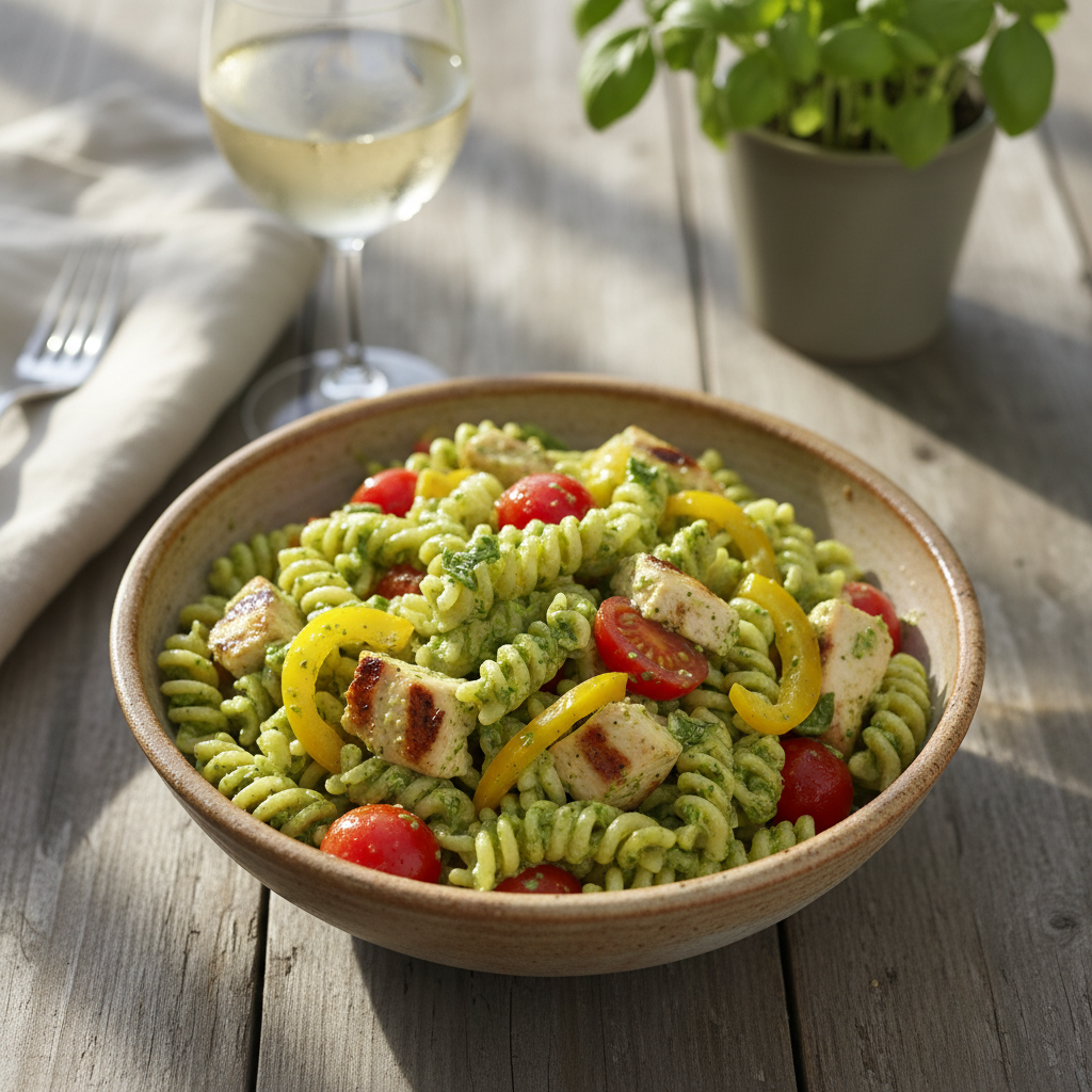 Light & Zesty Pesto Chicken Pasta Salad with Fresh Summer Veggies