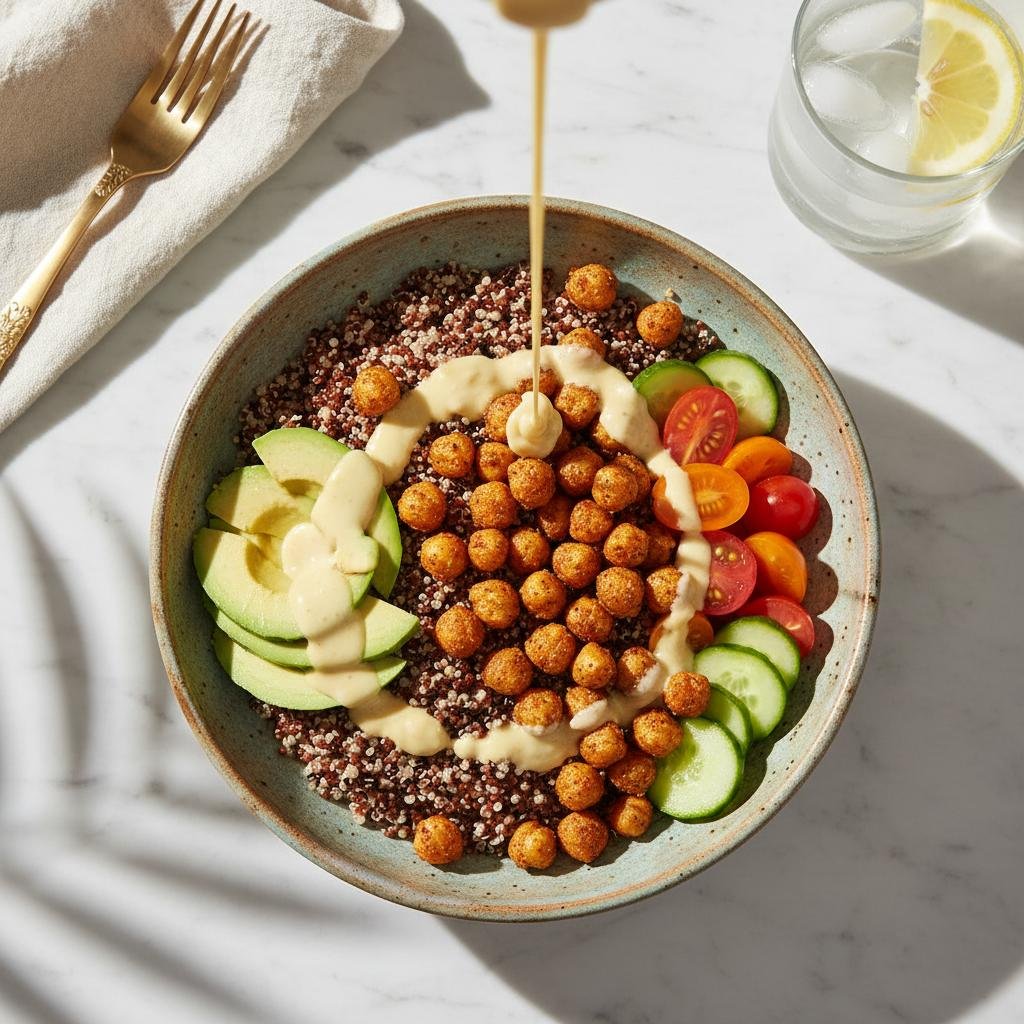 The Ultimate Quinoa And Roasted Chickpea Lunch Bowl with Lemon-Tahini Dressing
