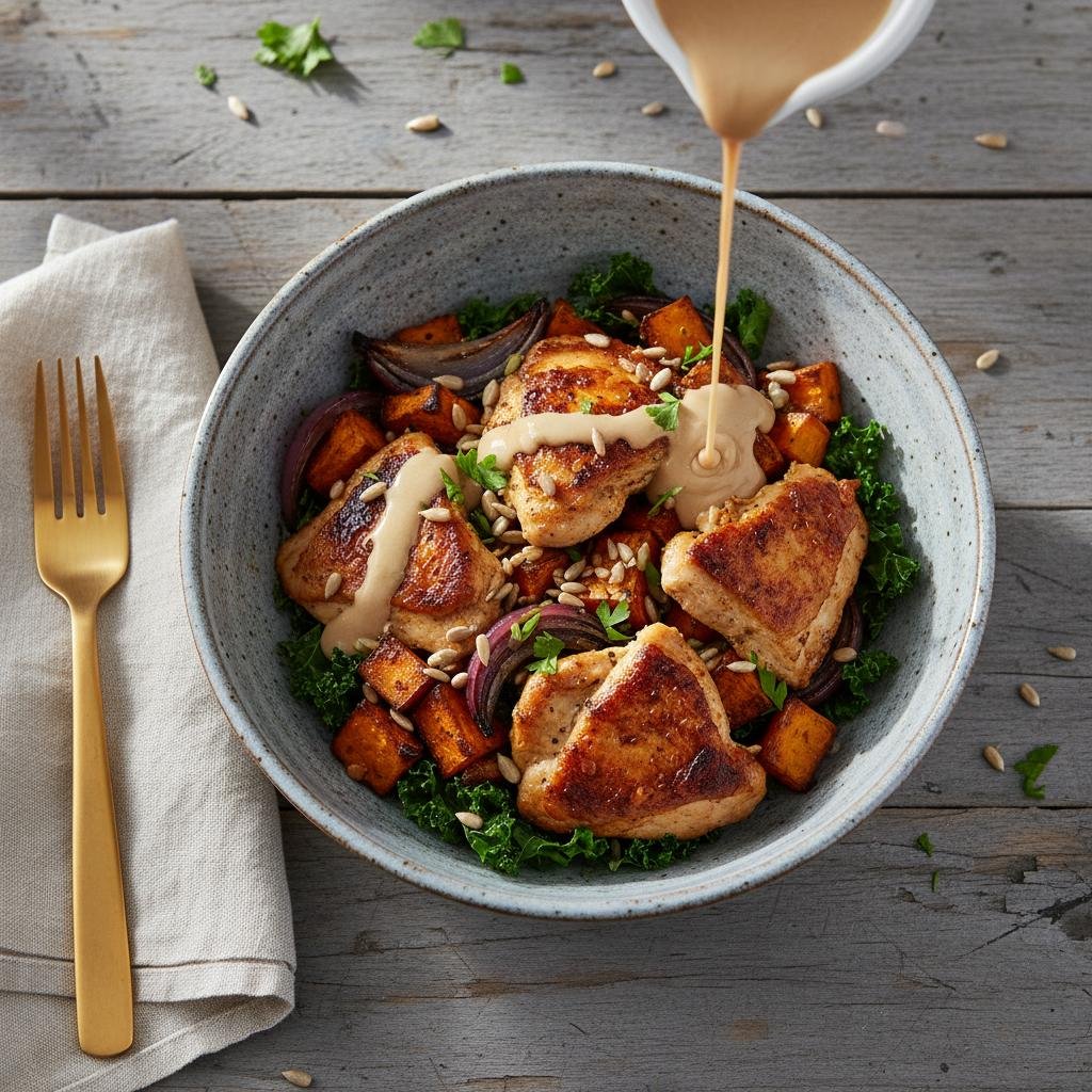 Golden Roasted Chicken and Sweet Potato Lunch Bowls with Maple-Tahini Dressing