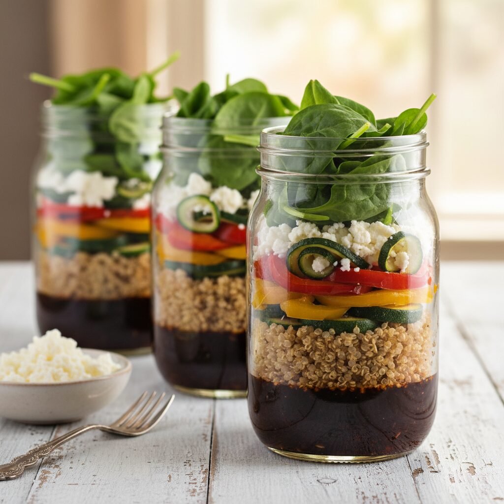 Roasted Veggie And Feta Quinoa Jar Salad: The Ultimate Meal Prep Lunch