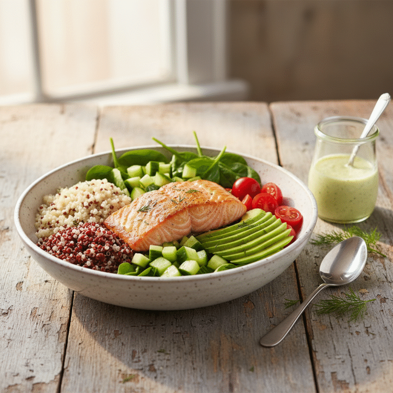 The Ultimate Salmon Quinoa Power Bowl With Creamy Avocado & Lemon-Dill Dressing