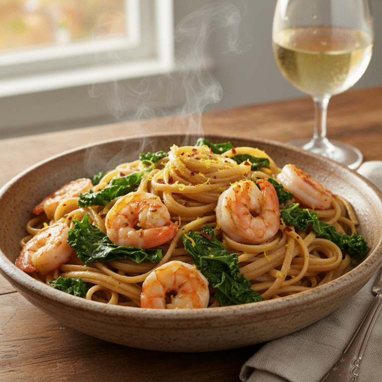 Garlic Lemon Shrimp and Kale Whole Wheat Pasta: A Healthy 20-Minute Dinner