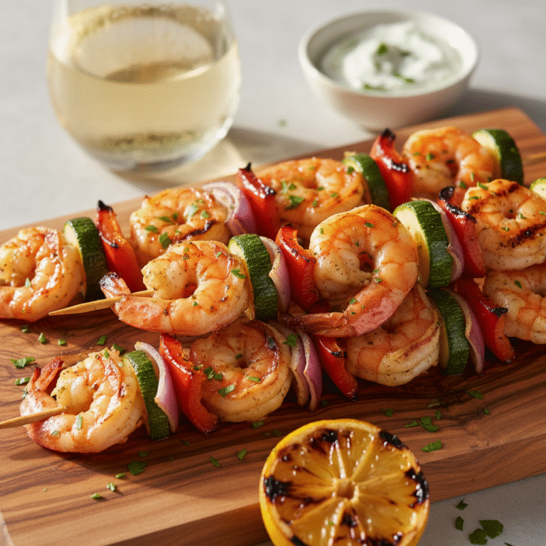 Fire-Kissed Lemon Garlic Shrimp and Vegetable Kebabs