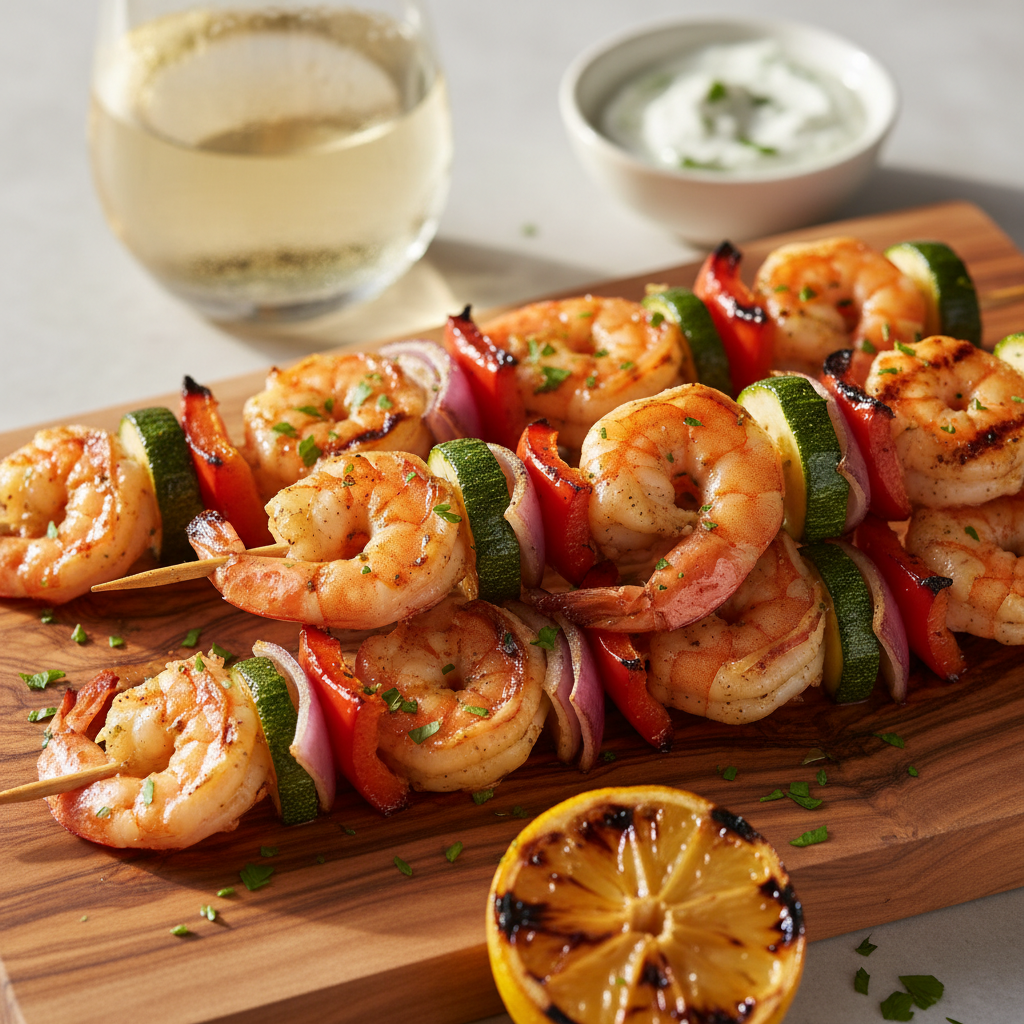 Fire-Kissed Lemon Garlic Shrimp and Vegetable Kebabs