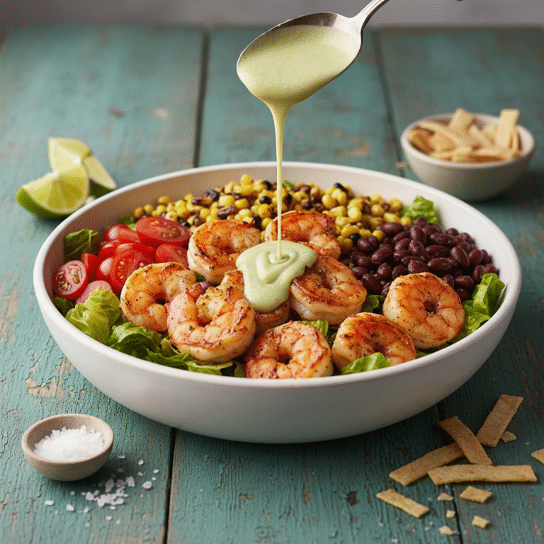Zesty Shrimp Taco Salad with Creamy Avocado Lime Dressing
