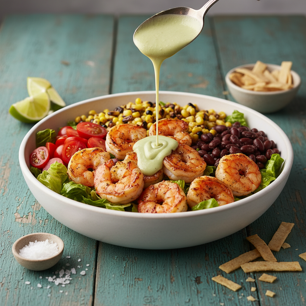 Zesty Shrimp Taco Salad with Creamy Avocado Lime Dressing