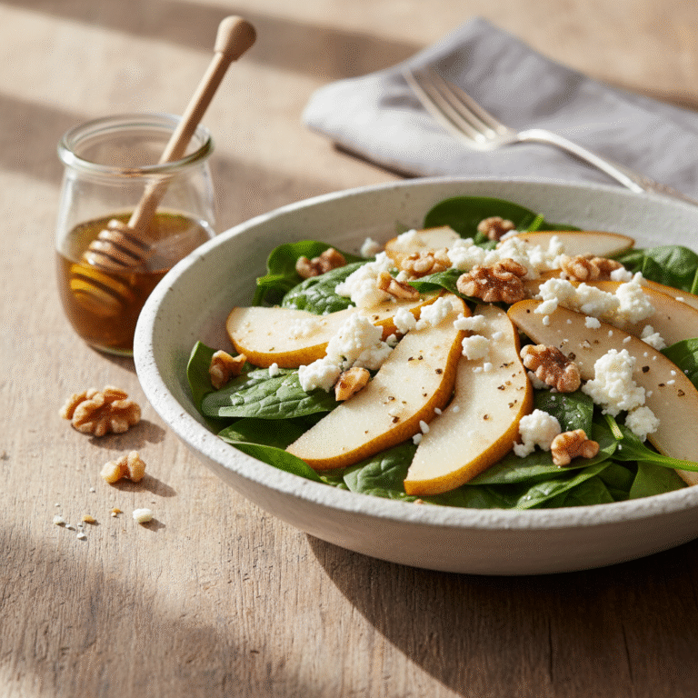 Spinach Pear Walnut Salad with Goat Cheese & Honey Balsamic Vinaigrette