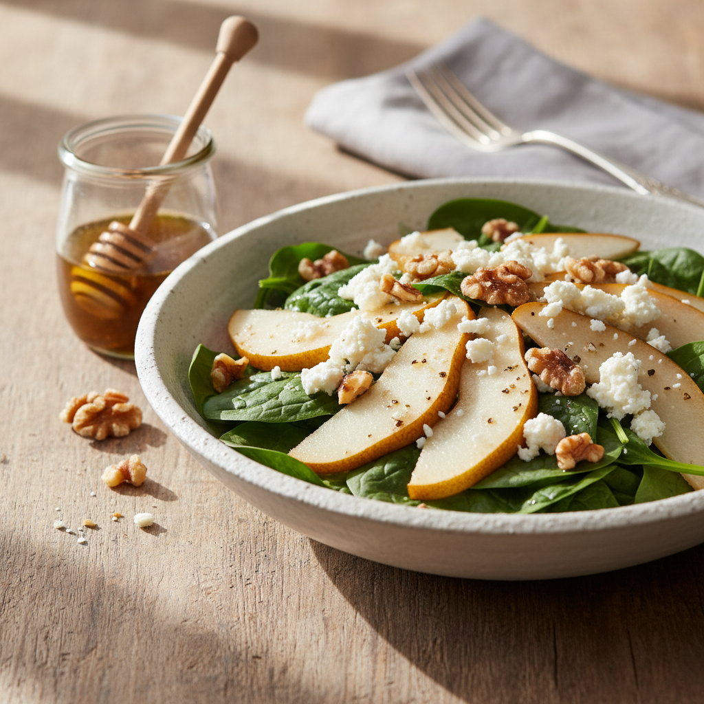 Spinach Pear Walnut Salad with Goat Cheese & Honey Balsamic Vinaigrette