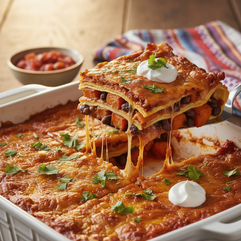 Cheesy Sweet Potato And Black Bean Enchilada Casserole