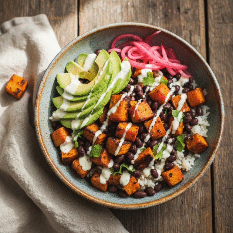 Spicy Roasted Sweet Potato Black Bean Taco Bowl with Lime Crema