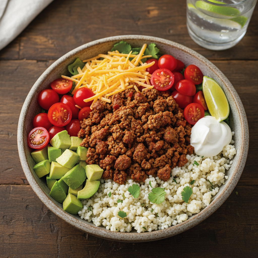 Ultimate Low-Carb Taco Salad Bowl with Cilantro-Lime Cauliflower Rice