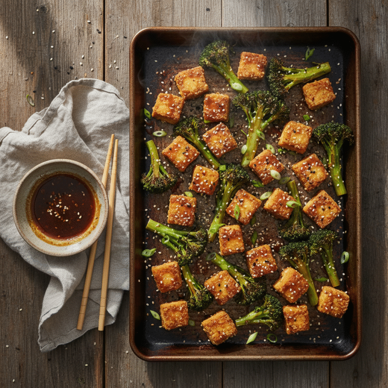 Crispy Tofu and Broccoli Sheet Pan Dinner with Sticky Sesame Garlic Glaze
