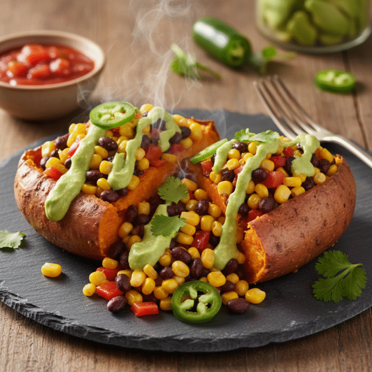 The Ultimate Vegan Black Bean Stuffed Sweet Potato Recipe with Avocado Lime Crema