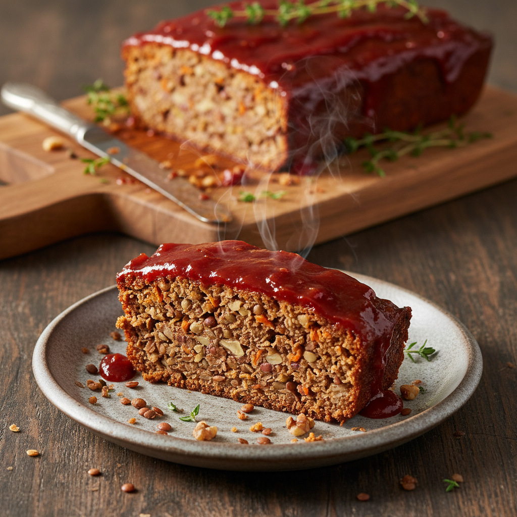 The Ultimate Savory Vegan Lentil Loaf with Sticky Tomato Glaze