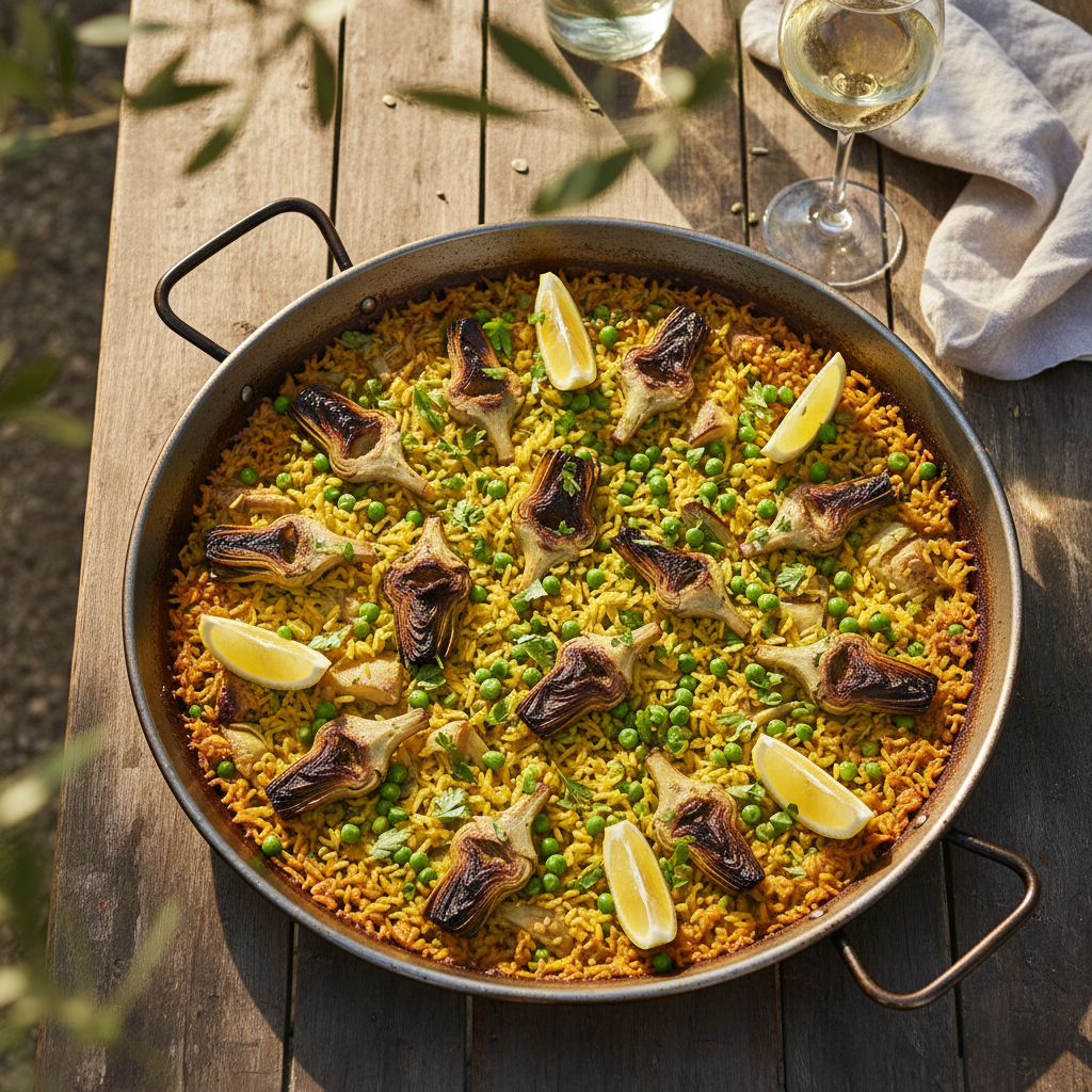 The Ultimate Vegetarian Paella with Artichokes and Sweet Peas
